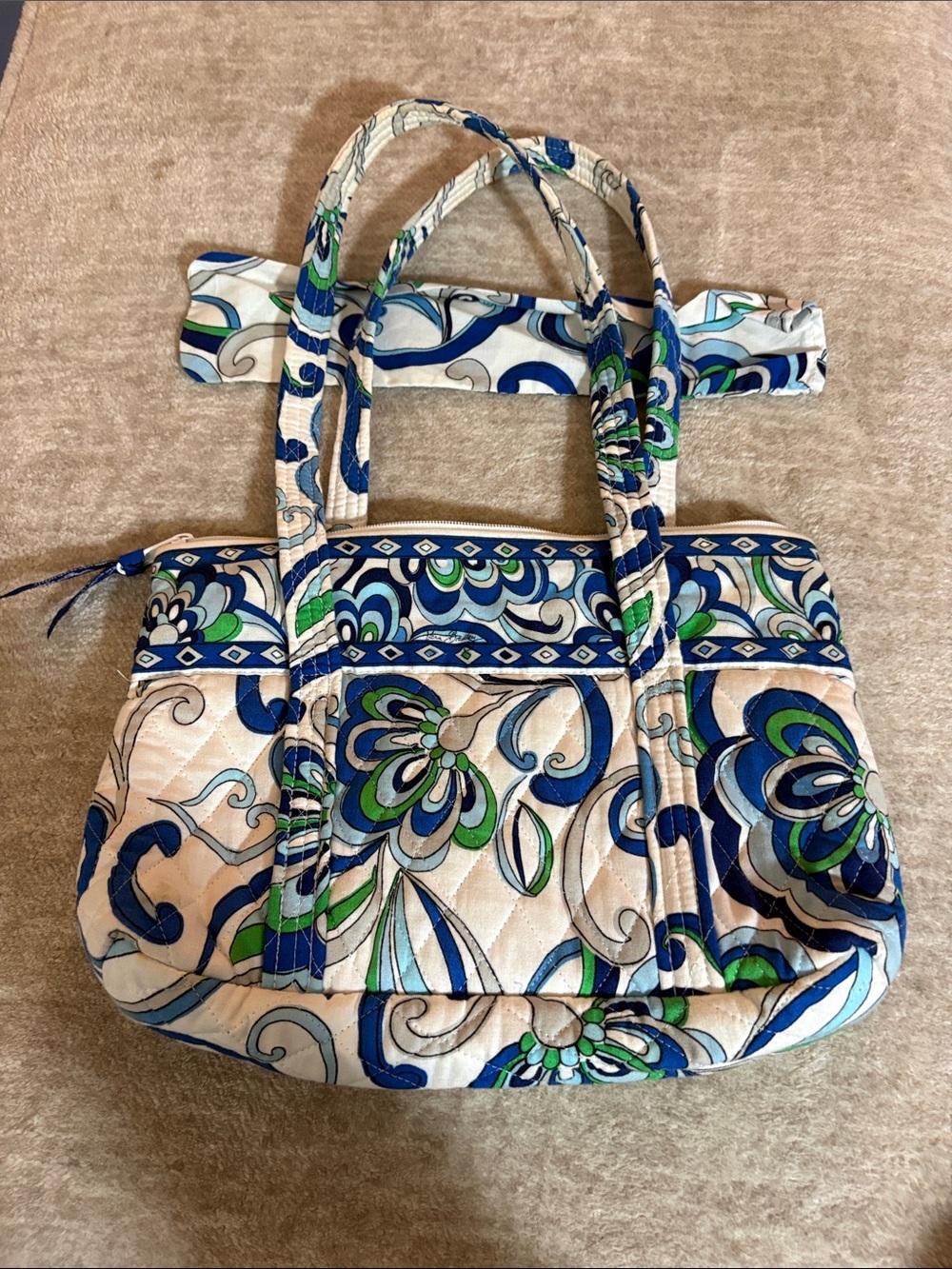 Vera Bradley Quilted Floral Tote Bag in Blue & Green Mediterranean White Pattern